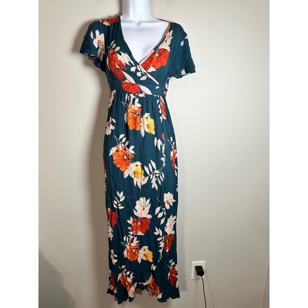Patrons‎ of Peace Teal Floral Crinkle Gauze Maxi Dress XS Short Sleeve Tie Back